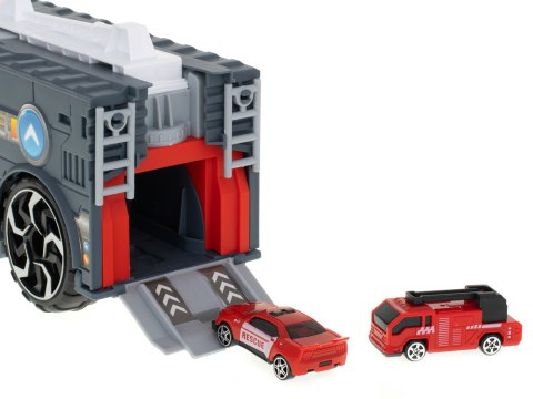 TIR laweta ciężarówka samochód transporter naczepa 2w1 parking resoraki straż pożarna 2 auta czerwone Kik sp. z o.o. sp. k.
